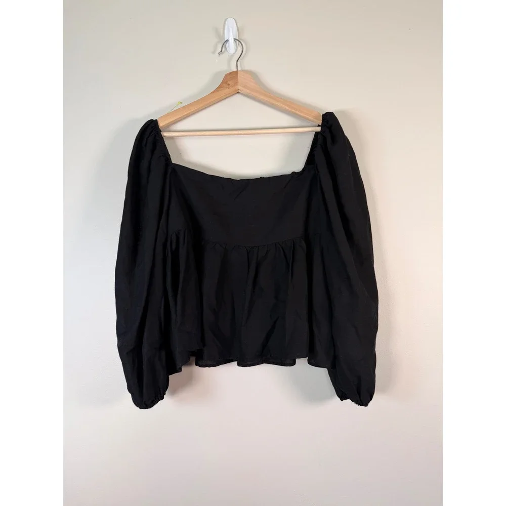 Free People Black Crochet Lace Inset Square Neck Puff Sleeve Babydoll Blouse L
